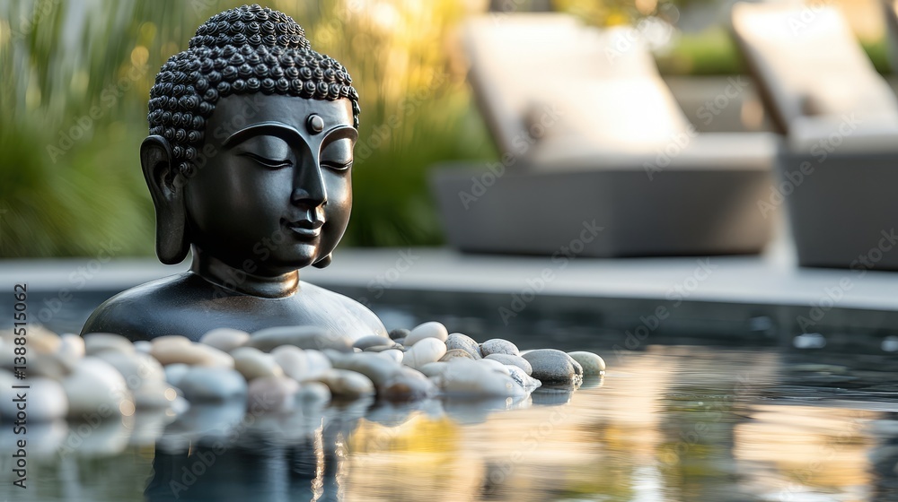 Buddha statue beside Zen fountain with smooth pebbles, spa-like composition with tranquil copy space