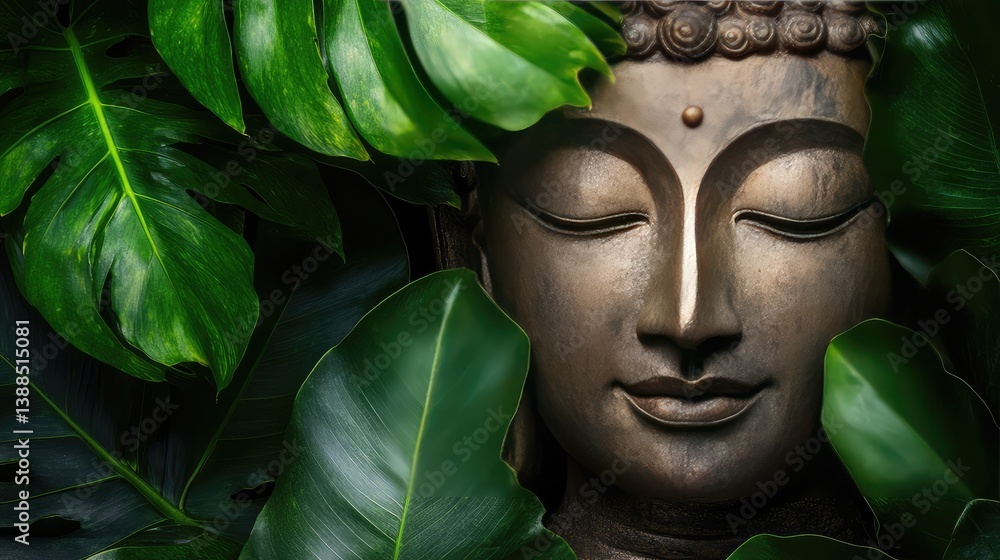Buddha statue framed by tropical leaves, calm jungle environment with natural textures and open space