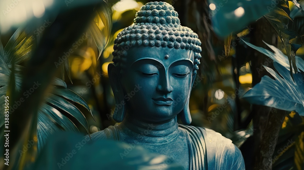 Buddha statue framed by tropical leaves, calm jungle environment with natural textures and open space