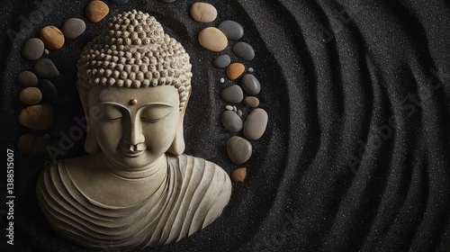 Obraz na płótnie Buddha sculpture placed on black sand with small pebbles, top view with minimalistic Zen layout and space w salonie