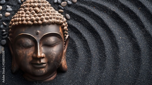 Obraz na płótnie Buddha sculpture placed on black sand with small pebbles, top view with minimalistic Zen layout and space w salonie
