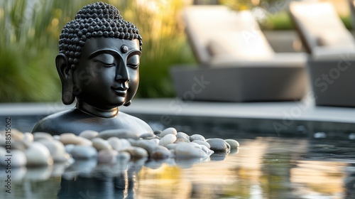 Obraz na płótnie Buddha statue beside Zen fountain with smooth pebbles, spa-like composition with tranquil copy space w salonie