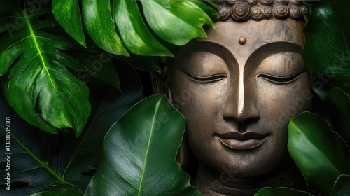 Obraz na płótnie Buddha statue framed by tropical leaves, calm jungle environment with natural textures and open space w salonie