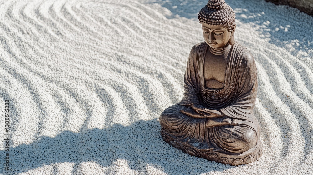 Buddha statue in Zen garden with white gravel patterns, symbolic of peace and tranquility, minimal copy space