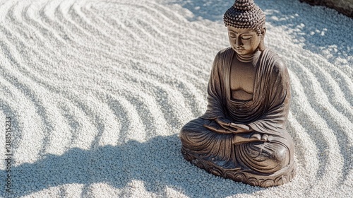 Obraz na płótnie Buddha statue in Zen garden with white gravel patterns, symbolic of peace and tranquility, minimal copy space w salonie