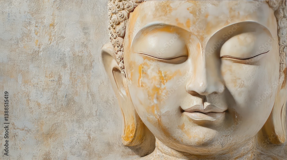 Close-up Buddha statue face with eyes closed, serene detail and empty backdrop for mindful design