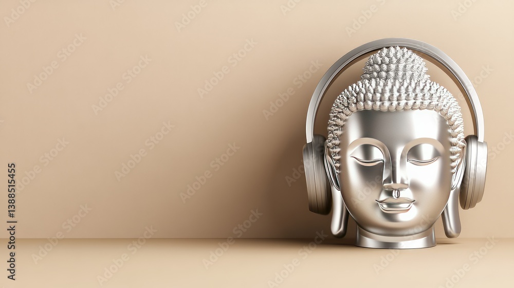 Close-up of Buddha statue head with soft shadows, minimal background for copy space in spiritual or wellness theme