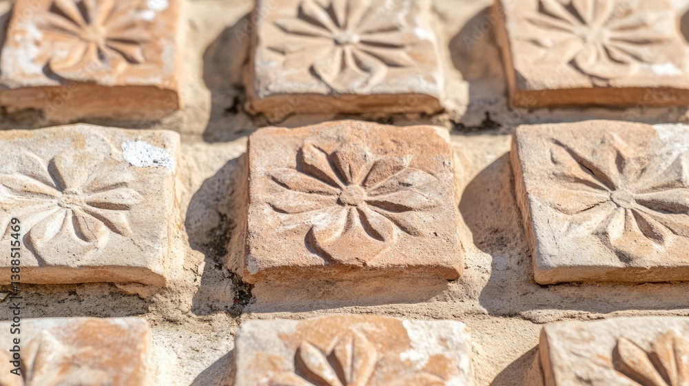 Close-up of intricate temple roof tiles with traditional patterns, subtle texture and surrounding space