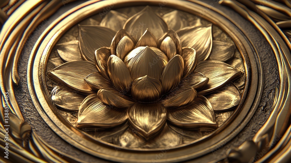 Close-up of sacred lotus pattern engraved in golden metal, spiritual aesthetics and minimalist surroundings