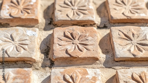 Obraz na płótnie Close-up of intricate temple roof tiles with traditional patterns, subtle texture and surrounding space w salonie