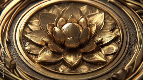 Obraz na płótnie Close-up of sacred lotus pattern engraved in golden metal, spiritual aesthetics and minimalist surroundings w salonie