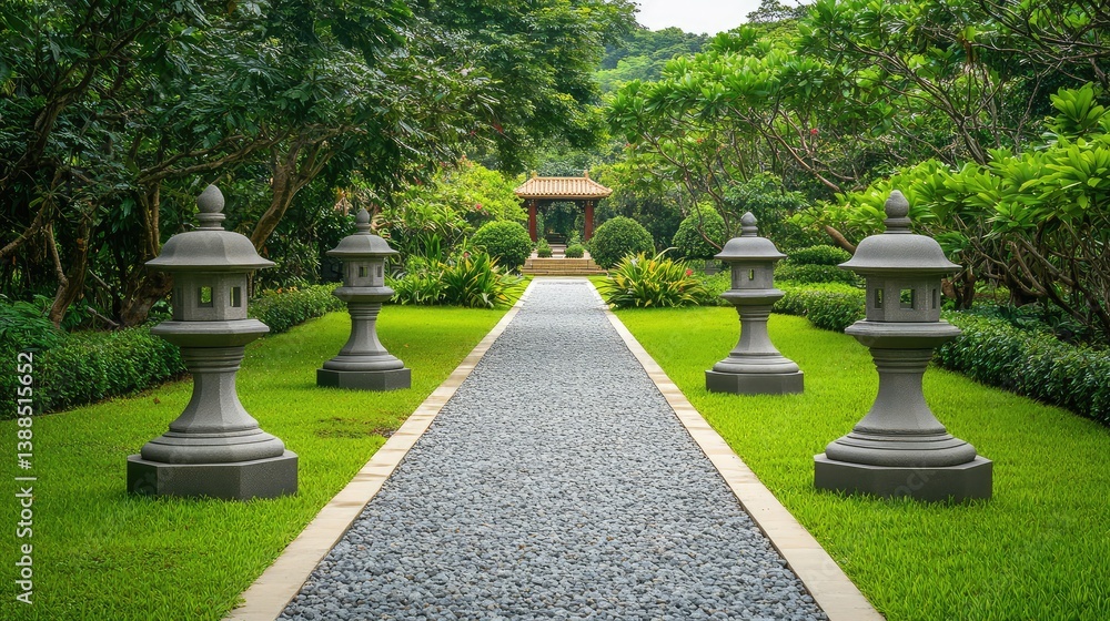 Empty pathway leading to temple gate, flanked by stone lanterns and surrounded by trees, calm setting with room for text