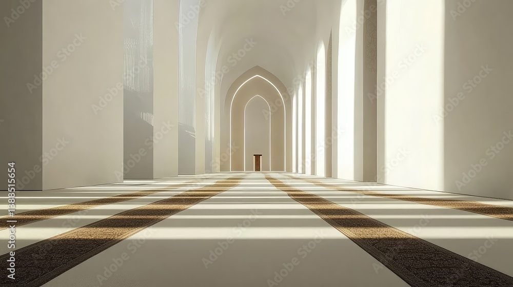 Empty prayer hall with symmetrical mats and subtle shadow lines, contemplative ambiance and minimalist space
