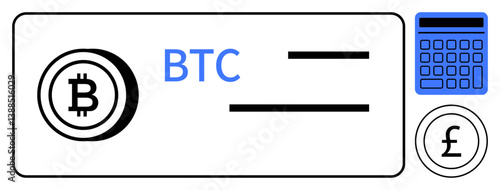 Bitcoin icon, BTC text, horizontal lines, calculator, currency symbol represent finance, cryptocurrency, conversion. Ideal for finance, technology digital payments investment accounting