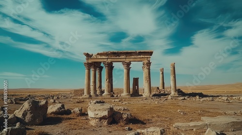 Isolated temple structure in desert with minimal color tones and endless sky, dramatic open space
