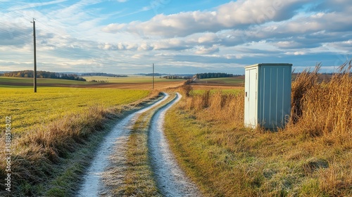 Outdoor telecom cabinet next to rural road under open sky, infrastructure and communication technology theme