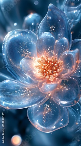 Luminous Translucent Flower with Sparkling Details on a Soft Blue Background

