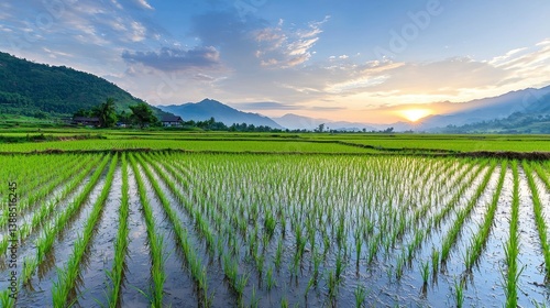 Lush Green Rice Fields at Dusk