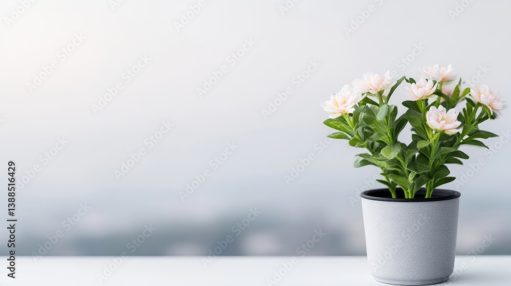 Fototapeta premium A potted flowering plant with delicate white blossoms sitting on a white surface, soft focus background with natural light, and minimalist indoor decor concept.