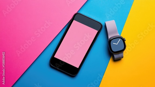 Phone and smartwatch on vibrant background with stylized shadows, creative digital tech layout with empty screen
