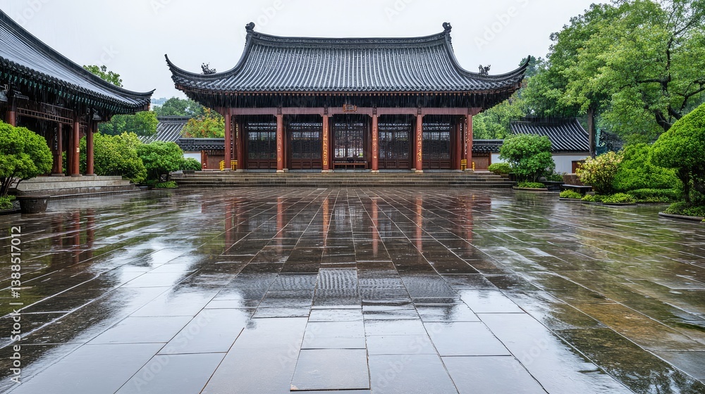 Temple courtyard after rain with reflections on stone tiles, fresh peaceful scene and wide open layout