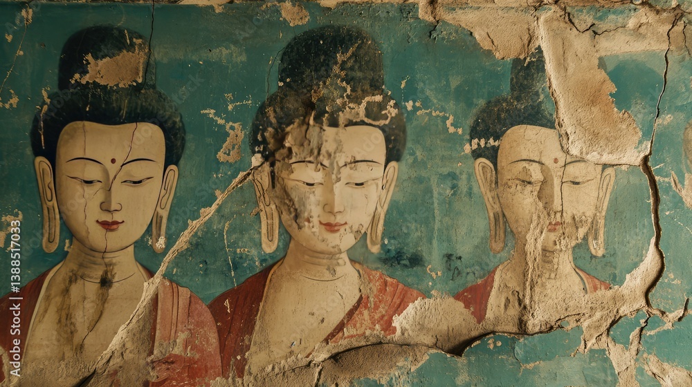 Temple wall with faded murals and cracks, historical texture and visual space for cultural themes