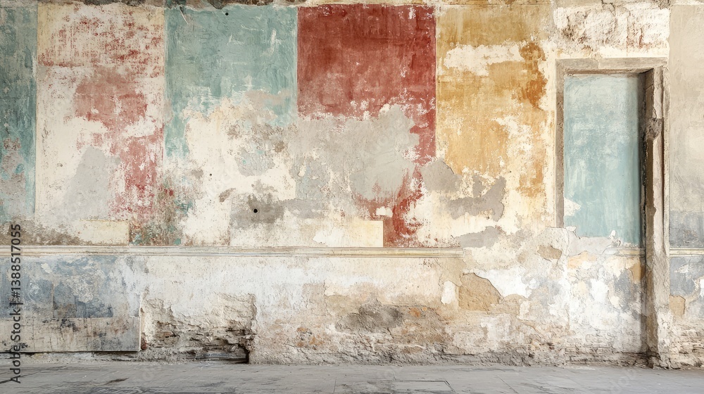 Temple wall with faded murals and cracks, historical texture and visual space for cultural themes