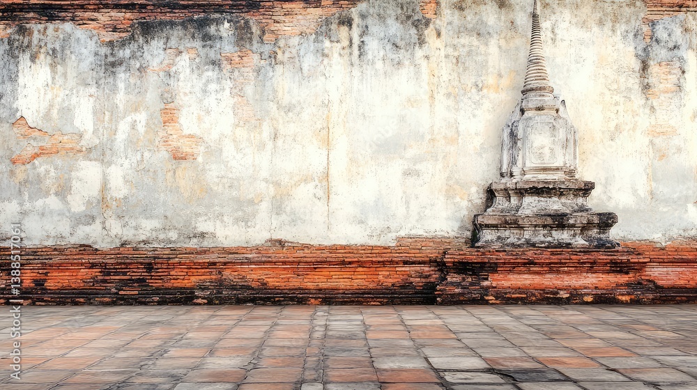Temple wall with faded murals and cracks, historical texture and visual space for cultural themes