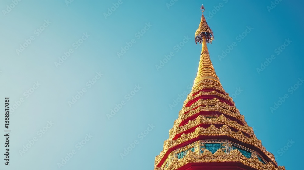 The top of a stupa with intricate gold detailing, clear skies with no distractions, and plenty of open space for design