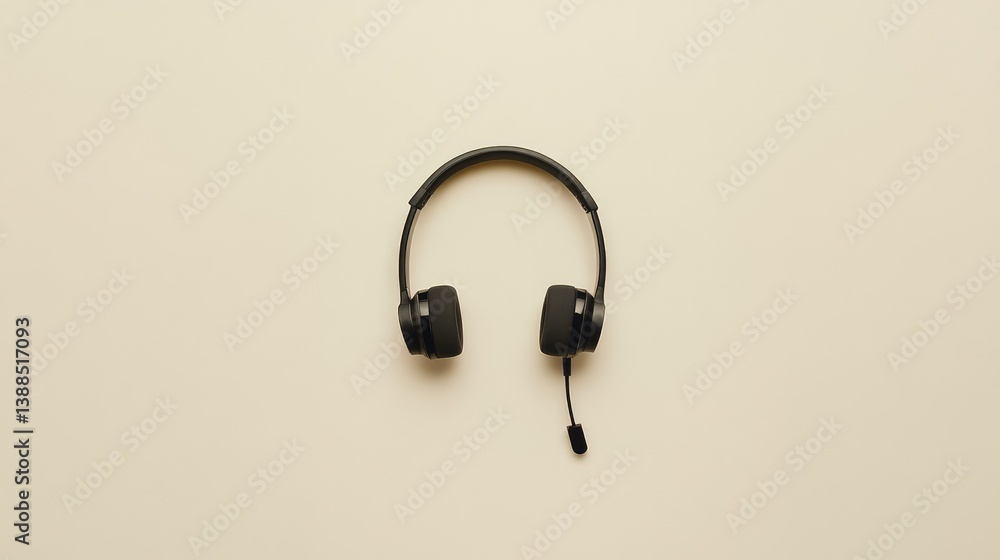 Top view of computer headset on neutral background with microphone arm extended, tech communication flat lay