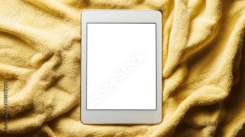 Tablet on a sandy beach towel, touchscreen lifestyle concept with natural light and blank screen