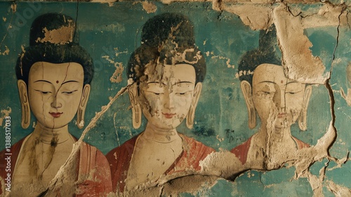 Obraz na płótnie Temple wall with faded murals and cracks, historical texture and visual space for cultural themes w salonie