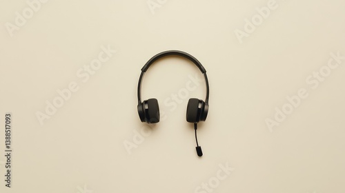 Obraz na płótnie Top view of computer headset on neutral background with microphone arm extended, tech communication flat lay w salonie