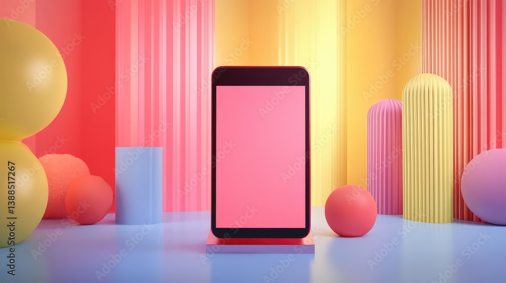Touchscreen photo booth interface with blank screen and colorful background, party tech concept