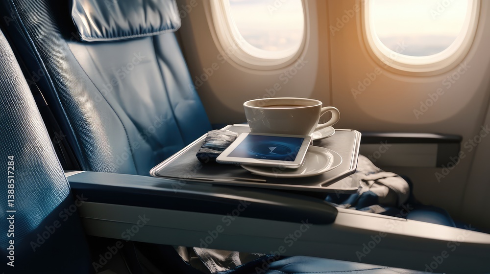 Touchscreen tablet on airplane tray table during flight, travel tech concept with open copy space