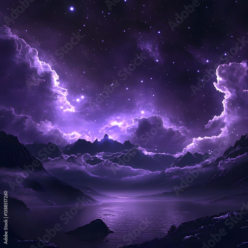 Purple Night Sky Mountains Lake Fantasy Landscape