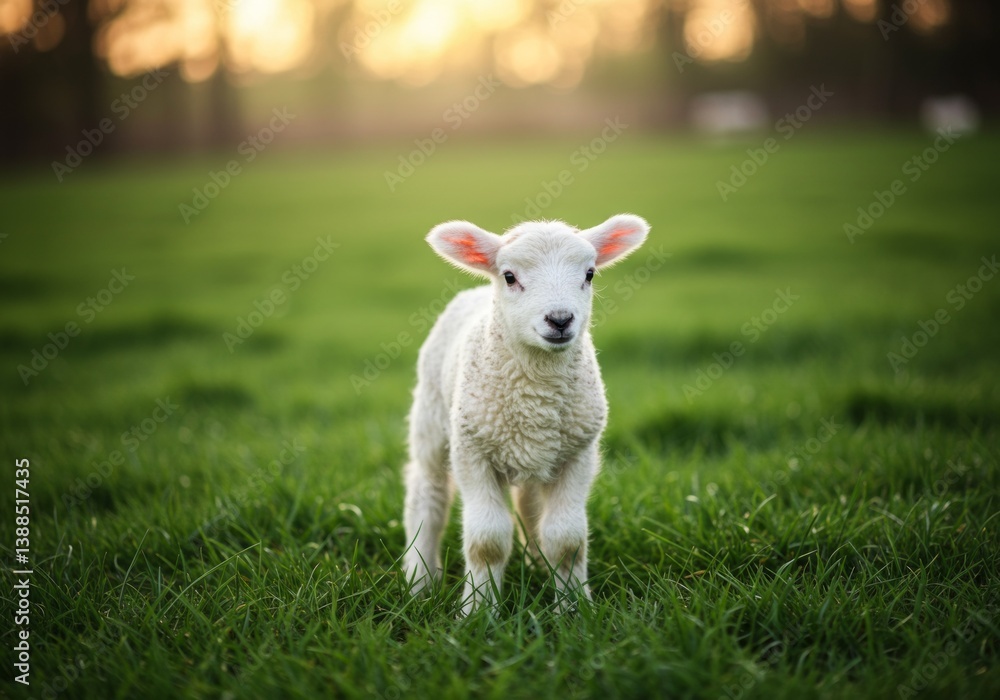 Fototapeta premium Cute Lamb Standing in Green Field with Soft Golden Sunlight