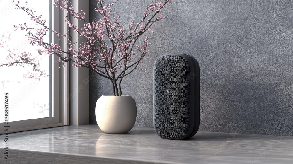Voice assistant speaker in corner of modern home shelf, clean space for smart communication device presentation