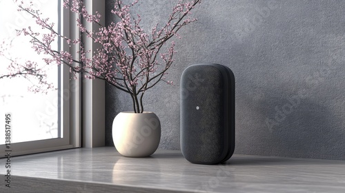 Obraz na płótnie Voice assistant speaker in corner of modern home shelf, clean space for smart communication device presentation w salonie