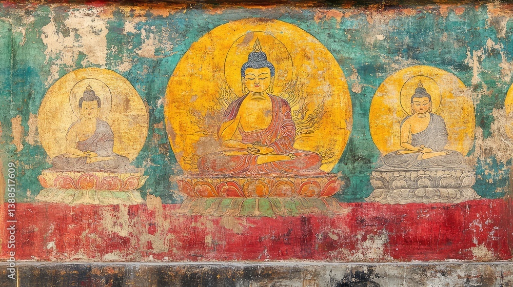 Wall painting of Buddhist scenes and symbols in vibrant colors, aged texture with clear background space