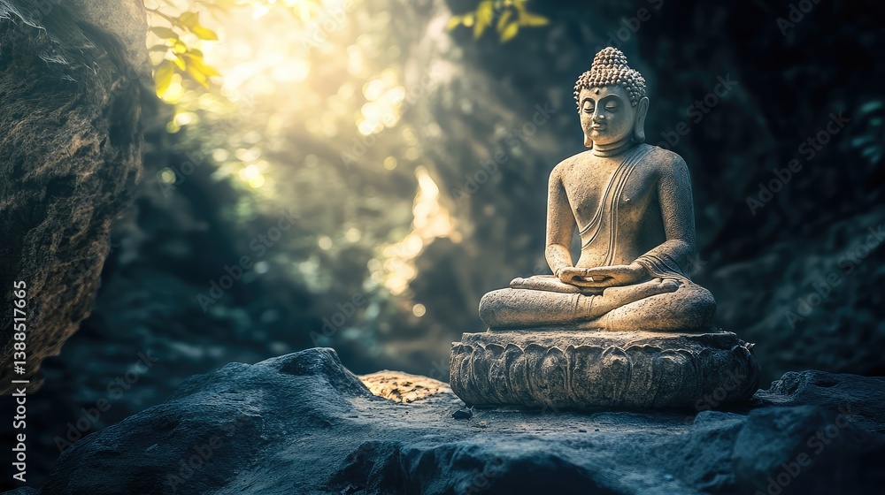 Weathered stone Buddha in cave sanctuary, ancient atmosphere with mysterious soft light and copy space