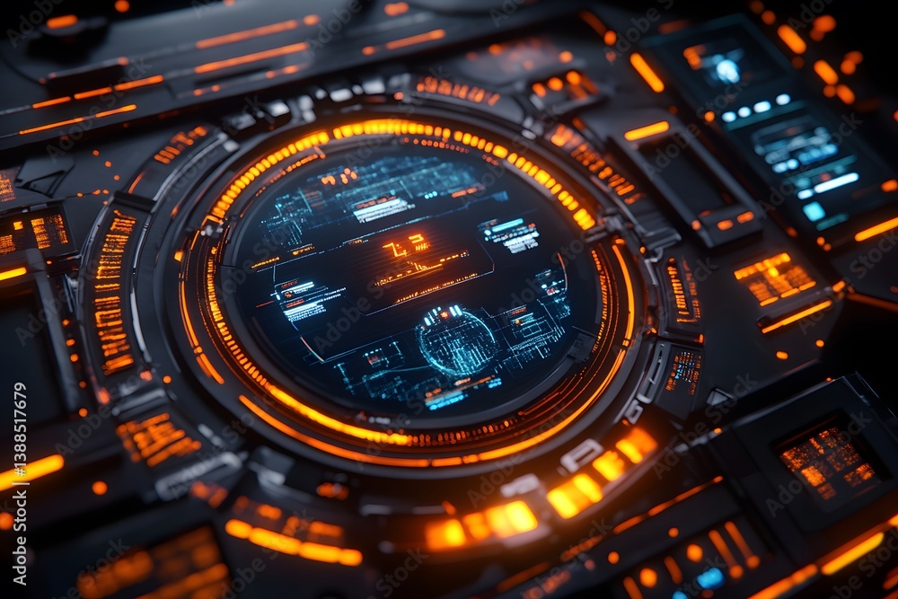 Futuristic control panel with circular display showing data and orange glowing elements. Futuristic control panel with circular display showing data and orange glowing elements.