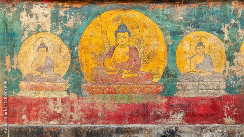 Obraz na płótnie Wall painting of Buddhist scenes and symbols in vibrant colors, aged texture with clear background space w salonie