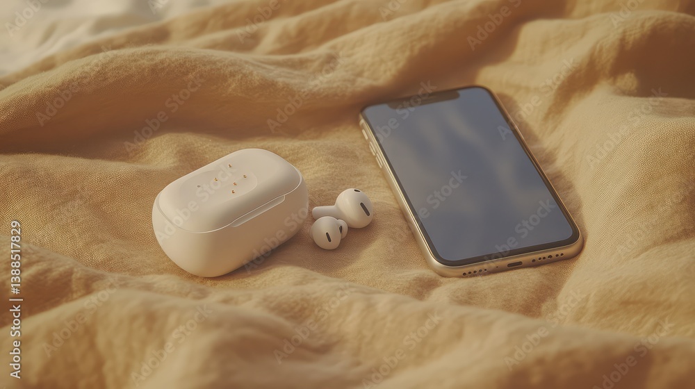 Wireless communication earbuds next to smartphone on soft fabric background, sleek layout for modern tech and audio mockup