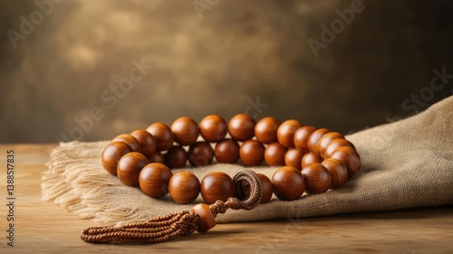Obraz na płótnie Wooden prayer beads mala resting on a cloth with soft lighting, spiritual ambiance and clean copy space w salonie