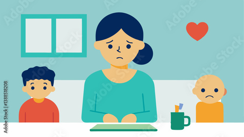Heartbroken Parent A parent sitting at a kitchen table with a childs drawing looking sadly at a bill representing the emotional toll of the childcare shortage.