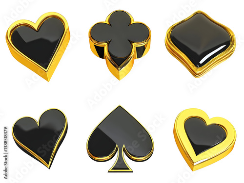 3D Illustration of Glossy Playing Card Symbols on Transparent Background