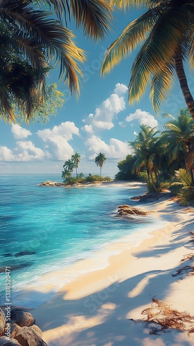 Tropical Beach with Palm Trees, Clear Water, and Blue Sky

