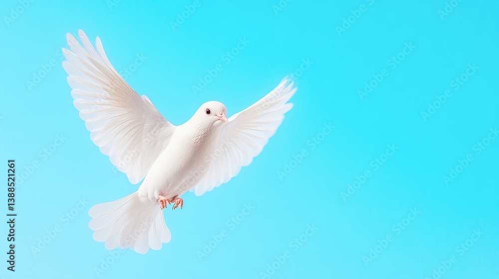 Fototapeta premium A white dove is in flight against a bright blue sky. Its wings are spread wide. The image is clean and simple, with a peaceful mood. The color palette is serene. It could be used to symbolize peace