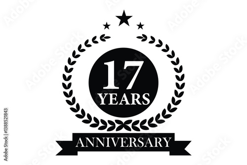 17 years anniversary icon with laurel wreath and number, vector illustration.